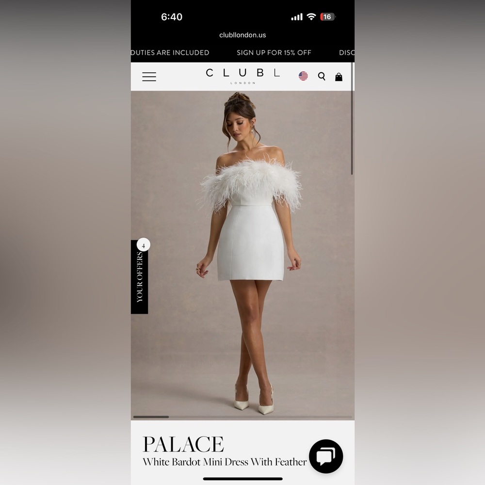 CLUB L LONDON PALACE EHITE BARDOT MINI DRESS WITH FEATHER TRIM